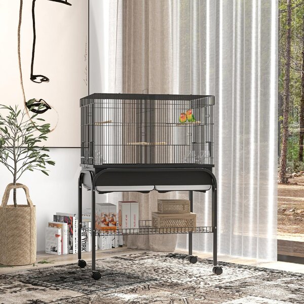 AllMyPets Gabbia per Uccelli da Interno con Vassoio, Ripiano e Ruote con Freno 85x49x119 cm colore Nero