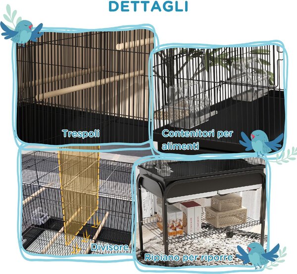 AllMyPets Gabbia per Uccelli da Interno con Vassoio, Ripiano e Ruote con Freno 85x49x119 cm colore Nero
