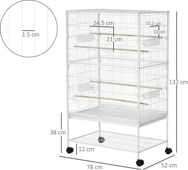 AllMyPets Gabbia per Uccelli da Interno con Vassoio Estraibile, 4 Ruote e Trespolo 78x52x132 cm colore Bianco