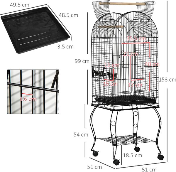 AllMyPets Gabbia per Uccelli e Canarini Voliera con Ruote in Metallo Nero 51x51x153cm - 024V01-D10