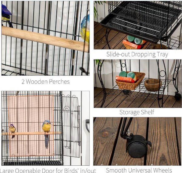 AllMyPets Gabbia per Uccelli e Canarini Voliera con Ruote in Metallo Nero 51x51x153cm - 024V01-D10