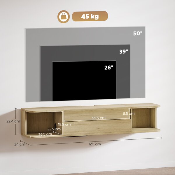 HOMCOM Mobile TV sospeso con cassetto, mensole e passacavi, 120x24x22,4 cm, legno | Aosom Italy