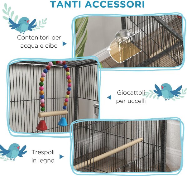 AllMyPets Gabbia per Uccelli in Acciaio e PP con 5 Porte, 2 Posatoi e Vassoio Estraibile, 48x46x74 cm colore Grigio - AMP-D101086G