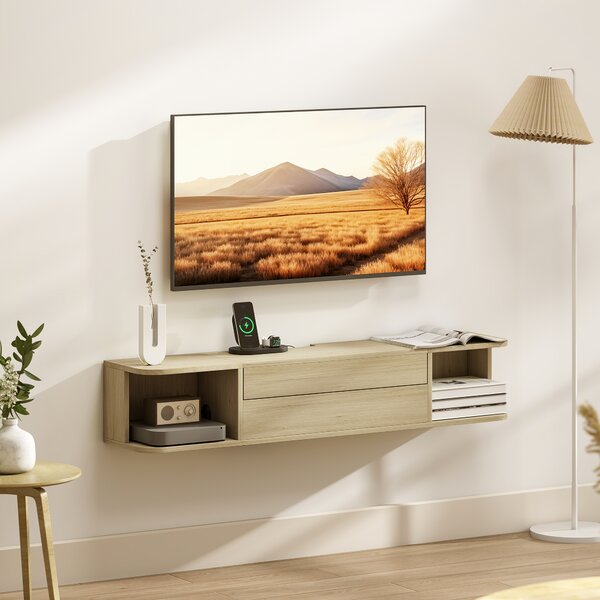 HOMCOM Mobile TV sospeso con cassetto, mensole e passacavi, 120x24x22,4 cm, legno | Aosom Italy