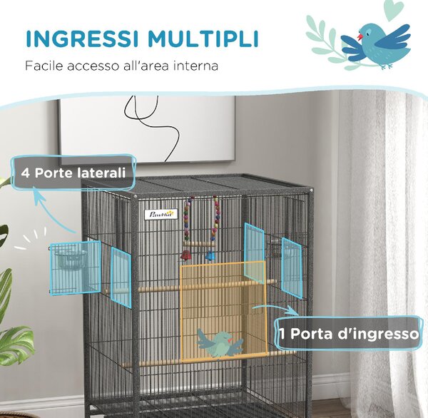AllMyPets Gabbia per Uccelli in Acciaio e PP con 5 Porte, 2 Posatoi e Vassoio Estraibile, 48x46x74 cm colore Grigio - AMP-D101086G