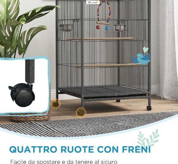 AllMyPets Gabbia per Uccelli in Acciaio e PP con 5 Porte, 2 Posatoi e Vassoio Estraibile, 48x46x74 cm colore Grigio - AMP-D101086G
