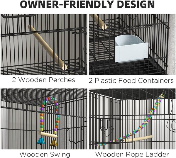 AllMyPets Gabbia per Uccelli in Acciaio e PP, Design Impilato con Posatoi, Altalene e Scalette, 77x46x164 cm colore Nero - AMP-D101086N
