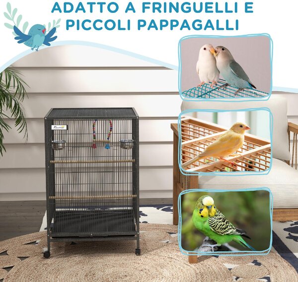 AllMyPets Gabbia per Uccelli in Acciaio e PP con 5 Porte, 2 Posatoi e Vassoio Estraibile, 48x46x74 cm colore Grigio - AMP-D101086G