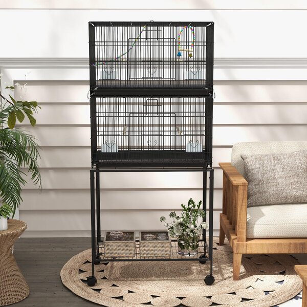 AllMyPets Gabbia per Uccelli in Acciaio e PP, Design Impilato con Posatoi, Altalene e Scalette, 77x46x164 cm colore Nero - AMP-D101086N