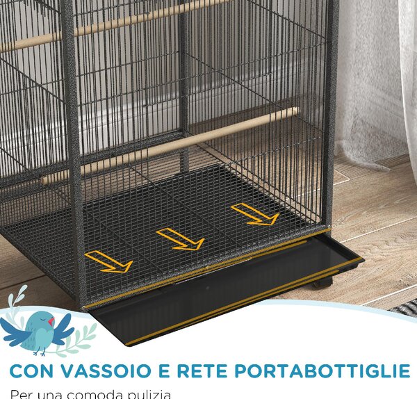 AllMyPets Gabbia per Uccelli in Acciaio e PP con 5 Porte, 2 Posatoi e Vassoio Estraibile, 48x46x74 cm colore Grigio - AMP-D101086G