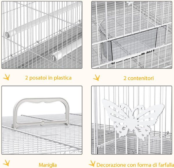 AllMyPets Gabbia per Uccelli in Metallo con Posatoi Ciotole per Cibo e Maniglia 60x41x41cm Bianco - 25D51