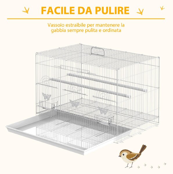 AllMyPets Gabbia per Uccelli in Metallo con Posatoi Ciotole per Cibo e Maniglia 60x41x41cm Bianco - 25D51