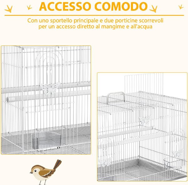 AllMyPets Gabbia per Uccelli in Metallo con Posatoi Ciotole per Cibo e Maniglia 60x41x41cm Bianco - 25D51