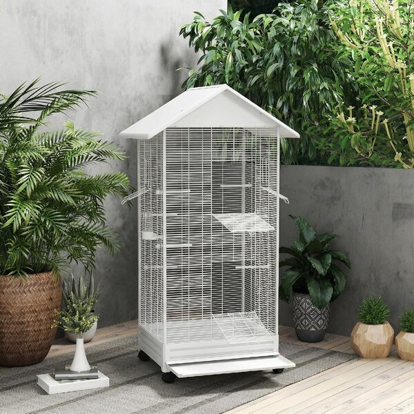 AllMyPets Gabbia per Uccelli Voliera in Acciaio con Ruote 79x65x155 cm colore Bianco