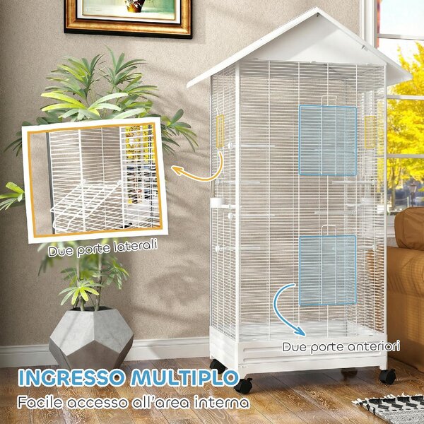 AllMyPets Gabbia per Uccelli Voliera in Acciaio con Ruote 79x65x155 cm colore Bianco