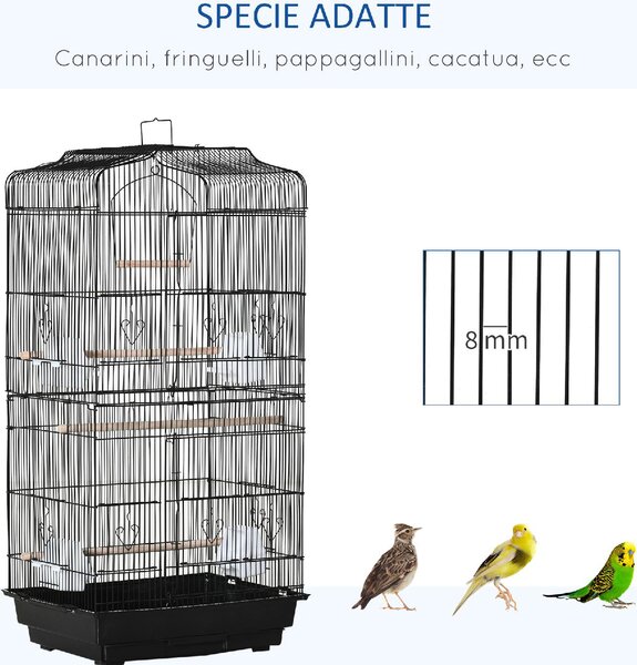 AllMyPets Gabbia per Uccelli in Metallo e Plastica con Trespoli, Altalena e Ciotole 46.5x35.5x92 cm colore Nero - 01BK-D10