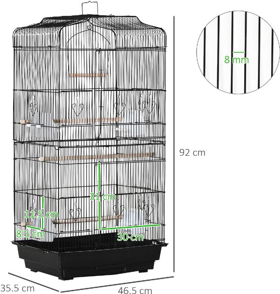 AllMyPets Gabbia per Uccelli in Metallo e Plastica con Trespoli, Altalena e Ciotole 46.5x35.5x92 cm colore Nero - 01BK-D10