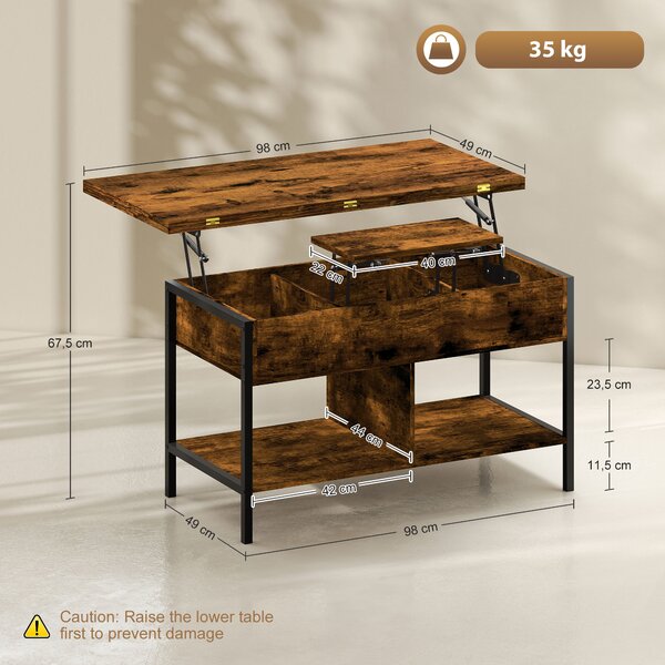 HOMCOM Tavolino da salotto sollevabile ed estensibile con vano nascosto, 98x49x55 cm, Marrone rustico | Aosom Italy