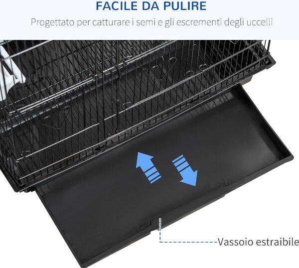 AllMyPets Gabbia per Uccelli in Metallo e Plastica con Trespoli, Altalena e Ciotole 46.5x35.5x92 cm colore Nero - 01BK-D10