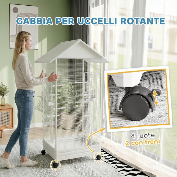 AllMyPets Gabbia per Uccelli Voliera in Acciaio con Ruote 79x65x155 cm colore Bianco