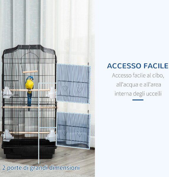 AllMyPets Gabbia per Uccelli in Metallo e Plastica con Trespoli, Altalena e Ciotole 46.5x35.5x92 cm colore Nero - 01BK-D10