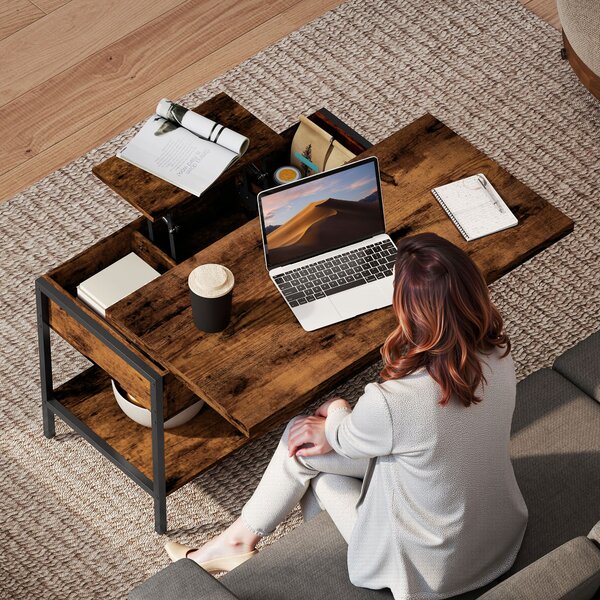 HOMCOM Tavolino da salotto sollevabile ed estensibile con vano nascosto, 98x49x55 cm, Marrone rustico | Aosom Italy
