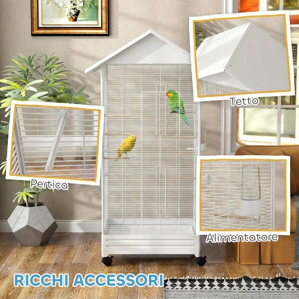AllMyPets Gabbia per Uccelli Voliera in Acciaio con Ruote 79x65x155 cm colore Bianco