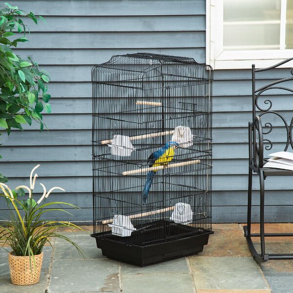 AllMyPets Gabbia per Uccelli in Metallo e Plastica con Trespoli, Altalena e Ciotole 46.5x35.5x92 cm colore Nero - 01BK-D10
