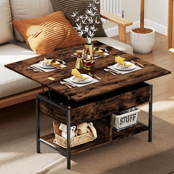 HOMCOM Tavolino da salotto sollevabile ed estensibile con vano nascosto, 98x49x55 cm, Marrone rustico | Aosom Italy