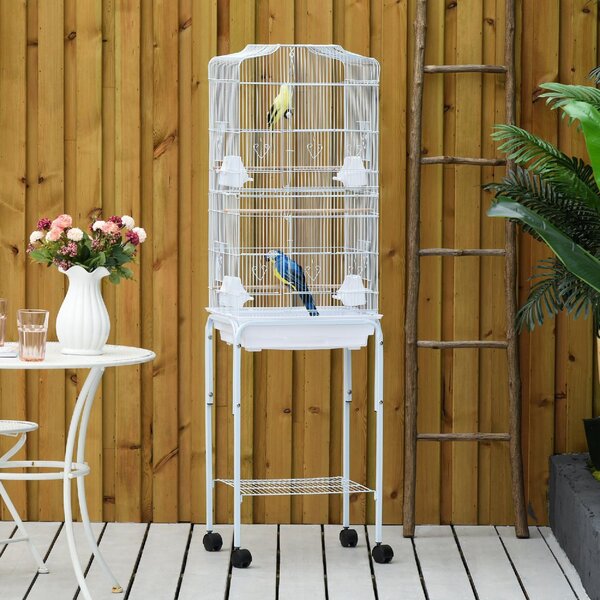 AllMyPets Gabbia per Uccelli Voliera in Metallo e Acciaio con Ruote Trespoli e Ciotole 46.5x36x157cm Bianco