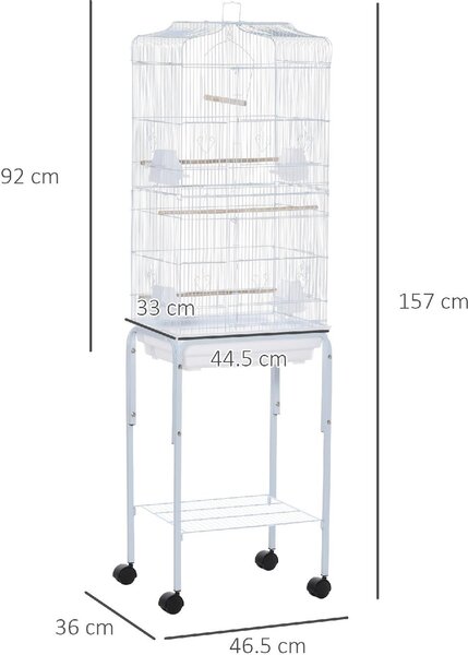 AllMyPets Gabbia per Uccelli Voliera in Metallo e Acciaio con Ruote Trespoli e Ciotole 46.5x36x157cm Bianco