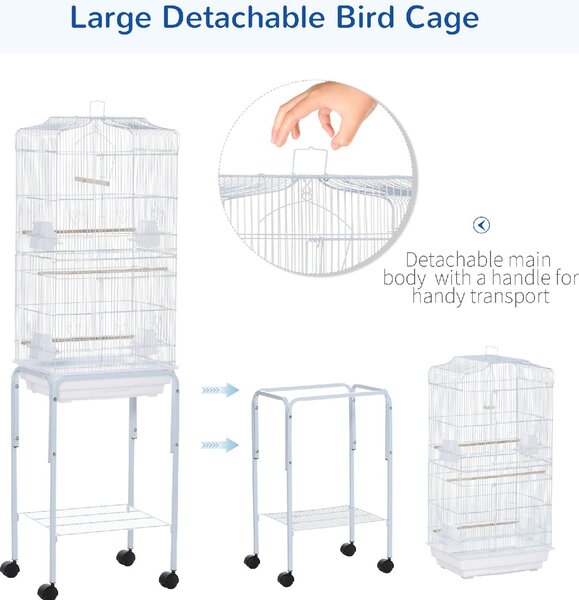 AllMyPets Gabbia per Uccelli Voliera in Metallo e Acciaio con Ruote Trespoli e Ciotole 46.5x36x157cm Bianco