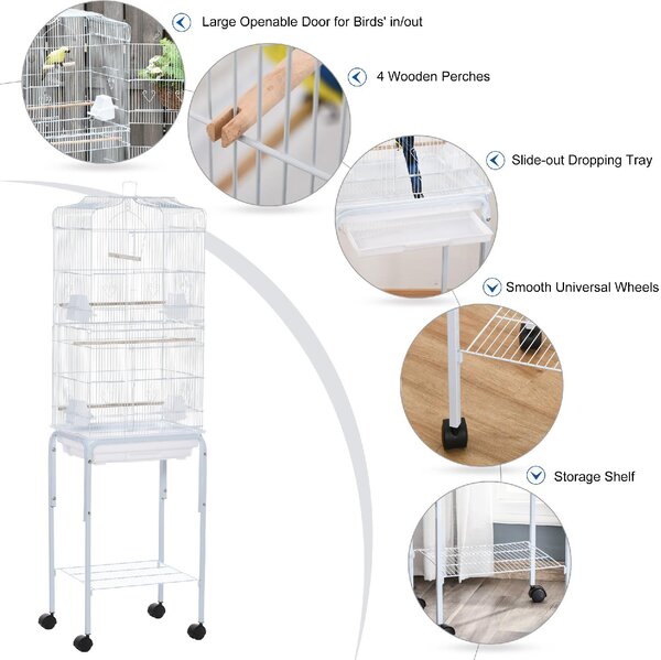 AllMyPets Gabbia per Uccelli Voliera in Metallo e Acciaio con Ruote Trespoli e Ciotole 46.5x36x157cm Bianco