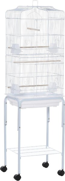 AllMyPets Gabbia per Uccelli Voliera in Metallo e Acciaio con Ruote Trespoli e Ciotole 46.5x36x157cm Bianco
