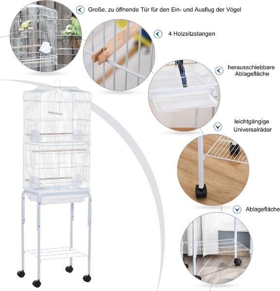 AllMyPets Gabbia per Uccelli Voliera in Metallo e Acciaio con Ruote Trespoli e Ciotole 46.5x36x157cm Bianco