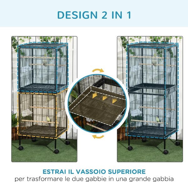 AllMyPets Gabbia Voliera per Uccelli per Interni con Ruote e Vassoi Estraibili 51.5x50x140 cm colore Nero - K641BK