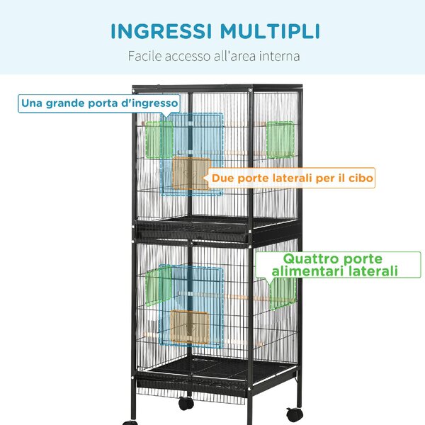 AllMyPets Gabbia Voliera per Uccelli per Interni con Ruote e Vassoi Estraibili 51.5x50x140 cm colore Nero - K641BK