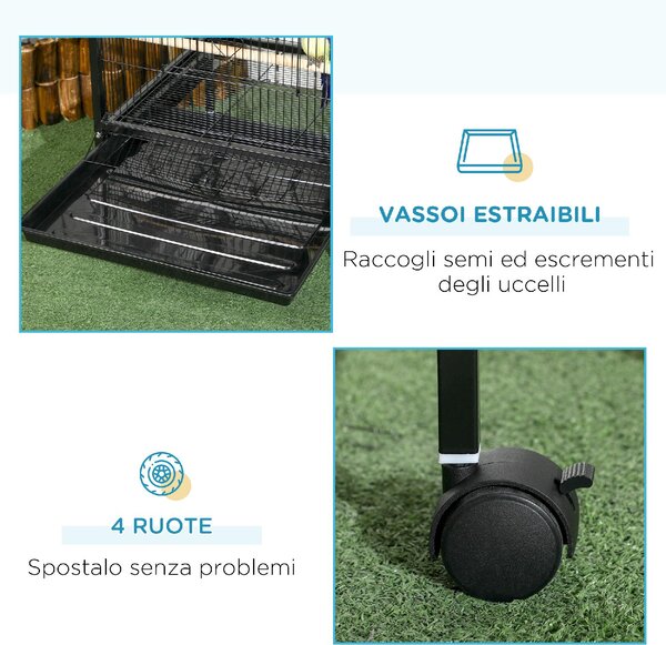 AllMyPets Gabbia Voliera per Uccelli per Interni con Ruote e Vassoi Estraibili 51.5x50x140 cm colore Nero - K641BK