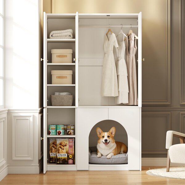 Armadio Flieks con zona per animali domestici, armadio guardaroba con appendiabiti, armadio alto 120x50x200 cm, bianco