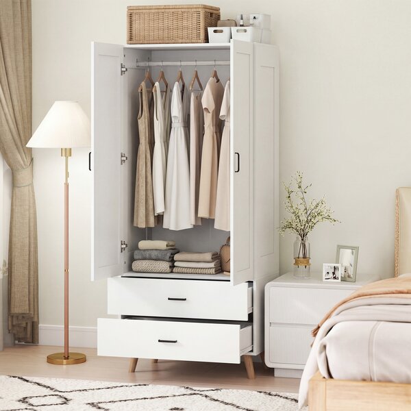 HOMCOM Armadio guardaroba con 2 ante soft-close, 2 cassetti e appendiabiti, 80x54x180 cm, Bianco | Aosom Italy