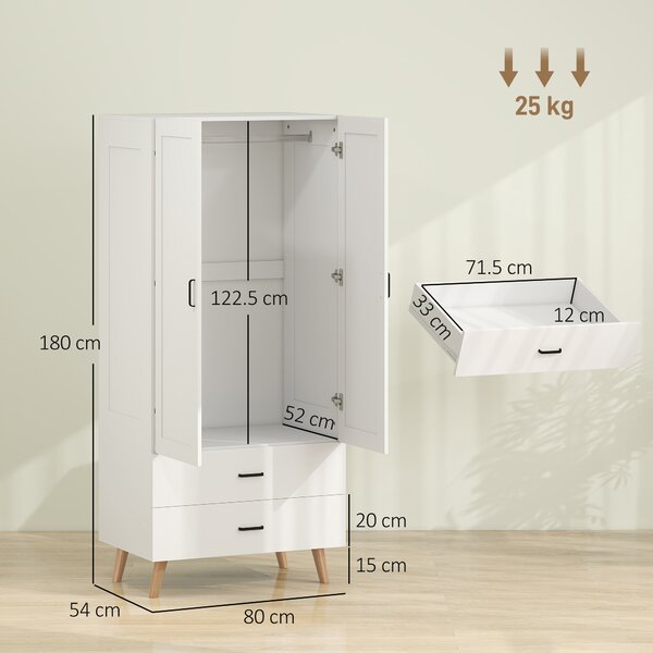 HOMCOM Armadio guardaroba con 2 ante soft-close, 2 cassetti e appendiabiti, 80x54x180 cm, Bianco | Aosom Italy