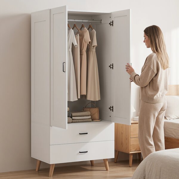 HOMCOM Armadio guardaroba con 2 ante soft-close, 2 cassetti e appendiabiti, 80x54x180 cm, Bianco | Aosom Italy