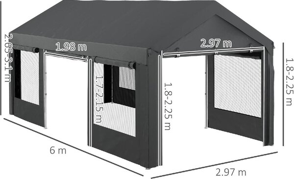 VivaGarden Gazebo Auto Tenda Garage Moto Bici 6x3 mt in Acciaio/Tessuto Protezione raggi UV Chiuso con Porta e Finestre Avvolgibili e Zanzariere co