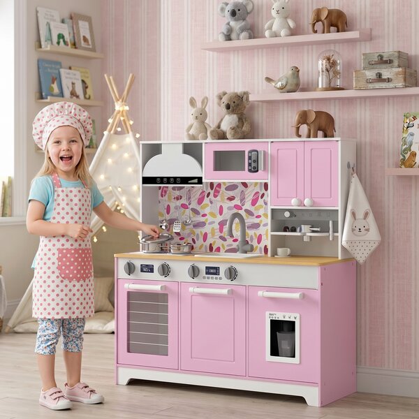 AIYAPLAY Cucina giocattolo in legno con accessori, macchina da caffè e lavello, Rosa | Aosom Italy