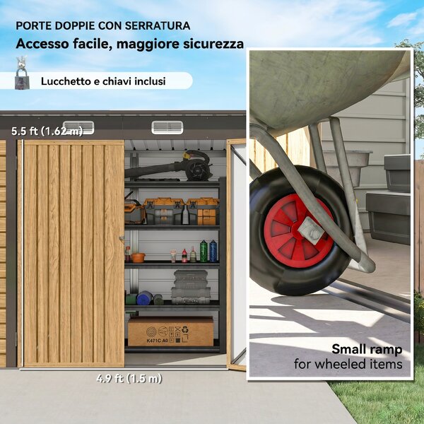 Outsunny Capanno porta attrezzi con 2 prese d’aria e chiavistello, 249x121x183 cm, Color rovere | Aosom Italy