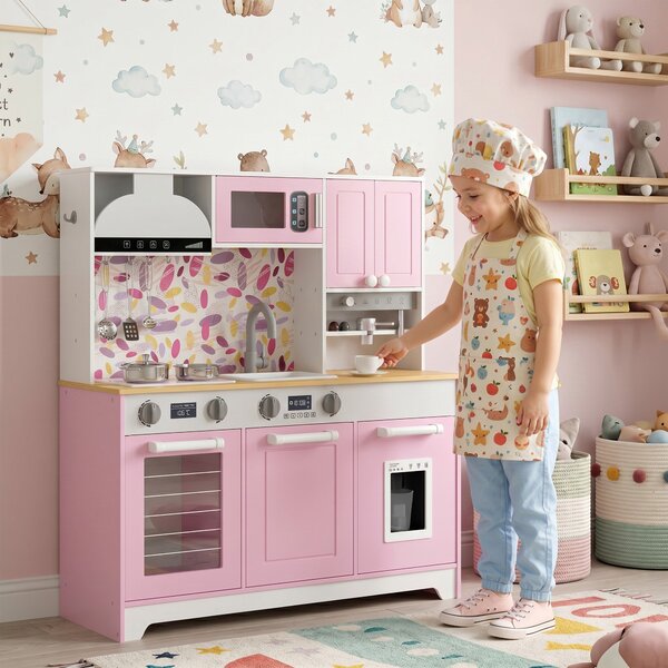 AIYAPLAY Cucina giocattolo in legno con accessori, macchina da caffè e lavello, Rosa | Aosom Italy