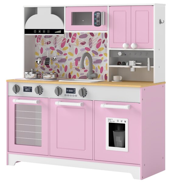 AIYAPLAY Cucina giocattolo in legno con accessori, macchina da caffè e lavello, Rosa | Aosom Italy