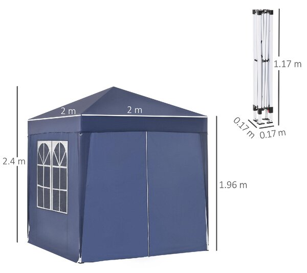 VivaGarden Gazebo da Giardino 2x2 mt Pieghevole in Acciaio/Tessuto con Protezione raggi UV e Tende Laterali con Finestre colore Blu