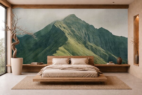 Carta da parati Malachite di montagna con pendii verdi e una vetta avvolta da una leggera nebbia, Carta da parati Natura, w05820 : Uwalls.it