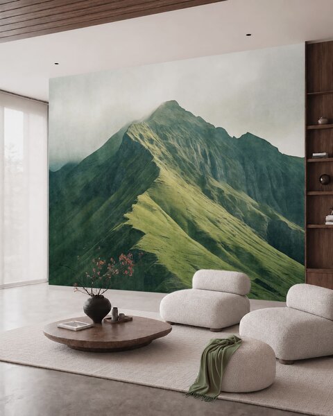 Carta da parati Malachite di montagna con pendii verdi e una vetta avvolta da una leggera nebbia, Carta da parati Natura, w05820 : Uwalls.it
